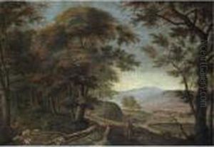 A Wooded Rhenish Landscape With Figures Walking Along A Cliff Edge