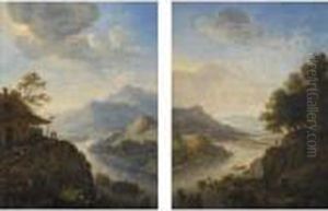 Rhenish Landscape With
Travellers Mooring Their Boats Next To A Wooded
Cliff A Castle On A Hilltop Beyond (#) A Rhenish
Landscape With Peasants Resting Outside A
Tavern On A Clifftop by Herman Saftleven