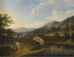 A Hilly Landscape With Bathers In A River Near A Stone Bridge With Travellers