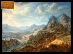 Weite Rheinlandschaft Mit Figuren, Lastkahnen Und Einer Stadt Imhintergrund