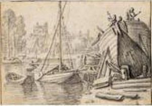River Scene With A Ship Being Repaired On The Bank To The Right by Herman Saftleven
