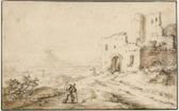 Mountainous River Landscape With A Traveller Approaching Ruins - view 1