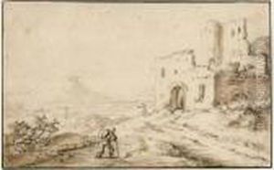 Mountainous River Landscape With A Traveller Approaching Ruins Mountainous River Landscape With A Traveller Approaching Ruins