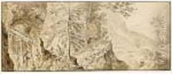 A Mountainous Landscape With Figures On A Path And Bridge - view 1