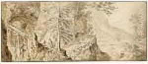 A Mountainous Landscape With Figures On A Path And Bridge by Herman Saftleven
