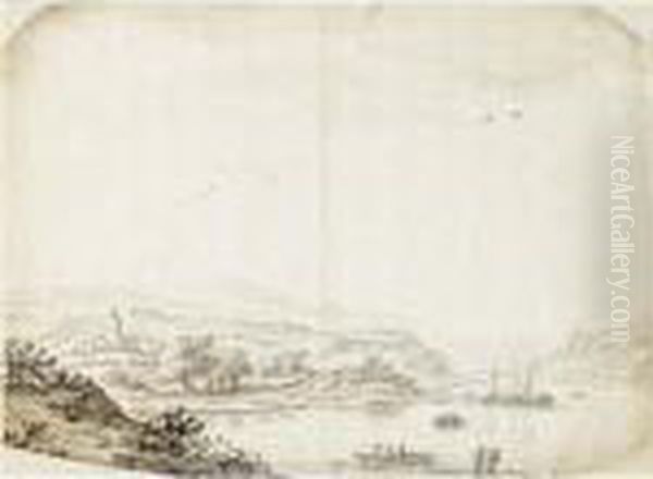 A Hilly River Landscape With Fishing Boats Near A Small Village And Church - view 1