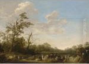 A Landscape With Shepherds Playing Music Together With Their Herds Of Goats And Sheep by Herman Saftleven