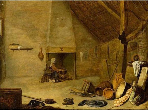 A Barn Interior With A Woman Near The Fireplace - view 1