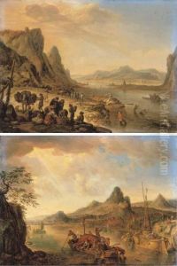A Rhenish Landscape With
Fishermen And Peasants On A River Bank;and A Rhenish Landscape With A
Loaded Boat In The Foreground, Atown Beyond by Herman Saftleven