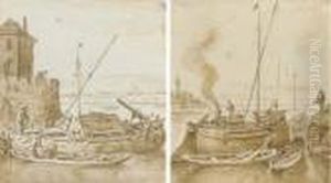 Un Voilier Avec Une Barque
Devant Une Tour Crenelee; Et Un Voilier Avec Trois Barques, Un Village
Dans Le Fond by Herman Saftleven