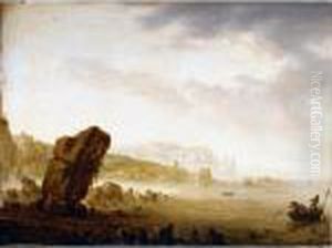 A Mediterranean Coastal Scene With Fishermen, A Town Beyond