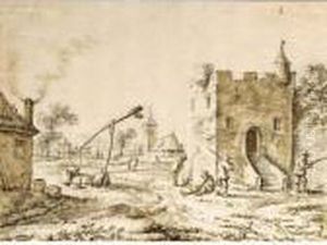 A Village Street, With Four Soldiers By A Tower To The Right And A Draw-well To The Left by Herman Saftleven