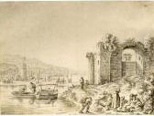 River Landscape With A Ruin To
The Right And Figures Sitting And Standing In The Foreground by Herman Saftleven