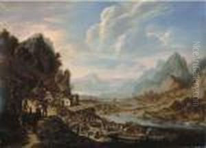 An Extensive River Landscape With Peasants Disembarking