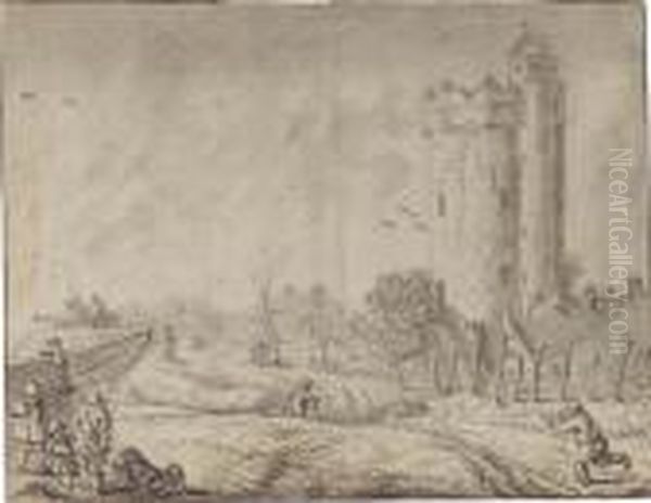 Figures By The City Wall Of Utrecht With The Bijlhouwertoren To The Right - view 1