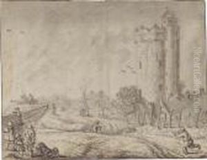 Figures By The City Wall Of Utrecht With The Bijlhouwertoren To The Right by Herman Saftleven