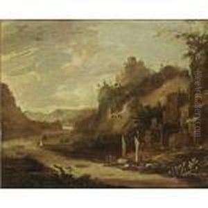 An Extensive River Landscape 
With Boats, A Fortified Town Together With Ruins On Hills Nearby by Herman Saftleven