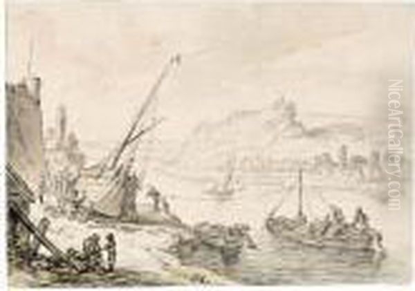 River Landscape With A Boat Being Repaired On The Bank To The Left - view 1