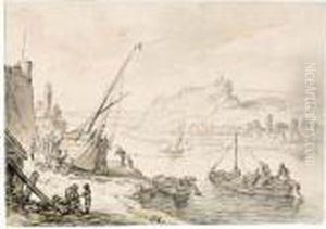 River Landscape With A Boat Being Repaired On The Bank To The Left by Herman Saftleven