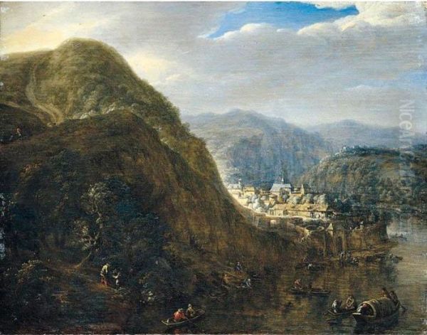 A Rhenish Landscape With Figures In Boats And On The River Bank, A Walled Town Beyond - view 1