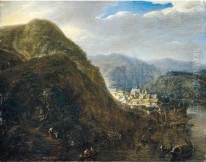 A Rhenish Landscape With Figures In Boats And On The River Bank, A Walled Town Beyond by Herman Saftleven