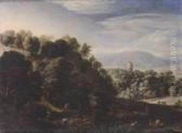 Wooded Landscape With Figures Resting by Herman Saftleven