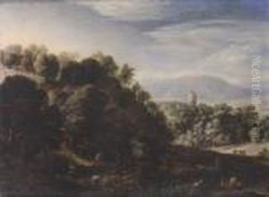 Wooded Landscape With Figures Resting by Herman Saftleven