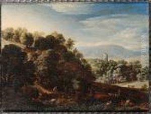 A Wooded Landscape With Figures 
Resting, A Traveller Crossing A Bridge And A Goatherd Tending His Flock,
 A View To A Village And Church Beyond