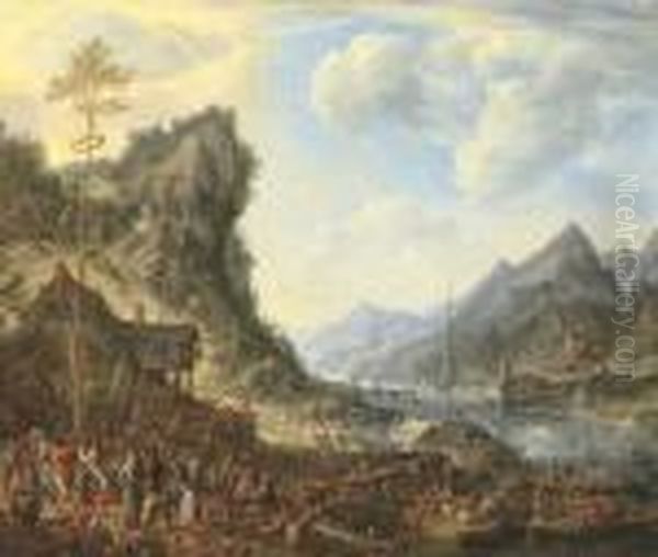 A Rhenish Landscape With 
Peasants Dancing Around The Maypole, Shipping Moored By A Jetty Nearby - view 1