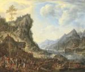 A Rhenish Landscape With 
Peasants Dancing Around The Maypole, Shipping Moored By A Jetty Nearby