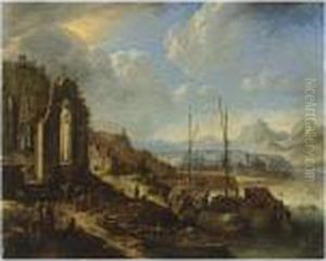 A Rhenish River Landscape 
Capriccio With Moored Boats, A Church Ruin, And A Castle Beyond by Herman Saftleven