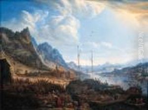 A Rhenish Landscape With Fishermen And Peasants On A Quayside, A Town Beyond by Herman Saftleven