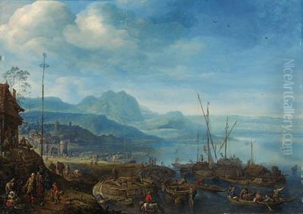 A View Of Linz Am Rhein, With Barges Unloading At A Quay, An Innnearby - view 1