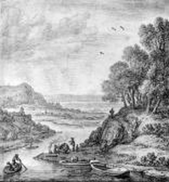 A Rhenish Landscape With Fishermen Tarring A Boat, Near Linz - view 1