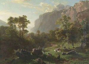 Young herdsman with goats and sheep, 1858 by Johann Gottfried Steffan