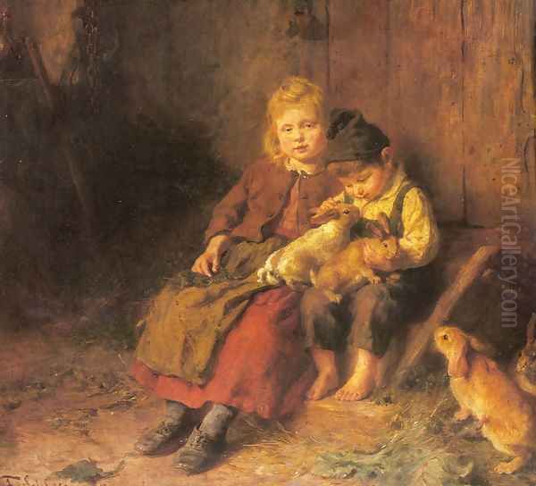 Two Children Playing with Rabbits - view 1