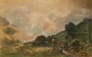 Contadine E Mucche Al Pascolo Nel Paesaggio Montano by Paolo Sala