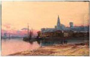 An Italian Harbour At Dusk by Paolo Sala