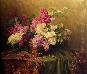 A Still Life With Lilacs And Violets On A Draped Guilt Rococo Table by Clara Von Sivers