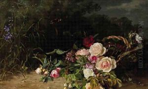 A forest landscape with roses in a wicker basket by Clara Von Sivers
