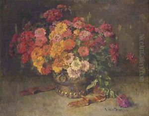 Colourful zinnias in a copper pot