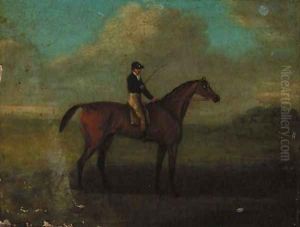 A chestnut racehorse with jockey up