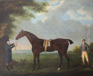 Diamond, held by a Groom, with his jockey Dennis Fitzpatrick, in a landscape