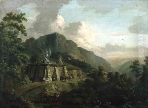 Wooded Landscape, with Workers and Horses Working a Lime Kiln