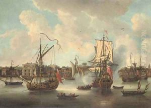 A flagship arriving in the Thames off Greenwich Hospital amidst anchored craft and other shipping on the river
