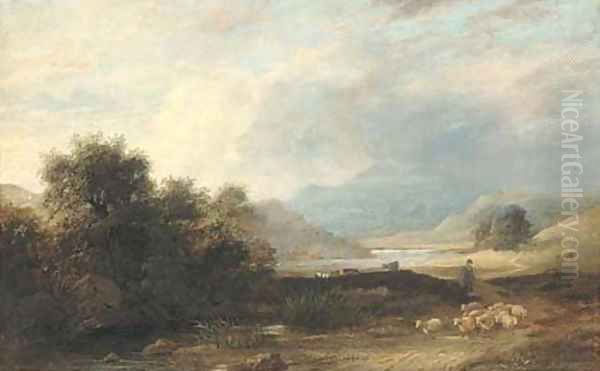 A shepherd and his flock by a brook at Allswater, Cumberland - view 1