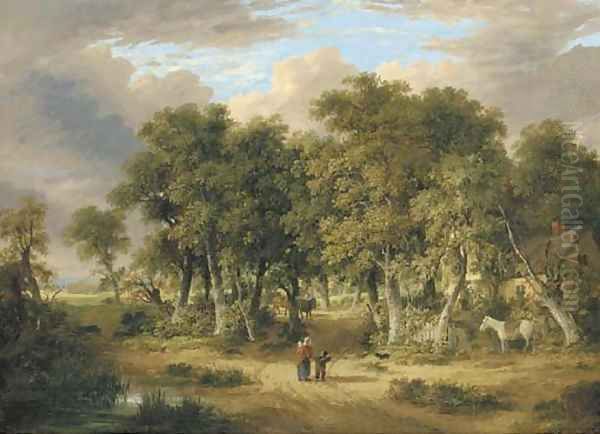 A wooded landscape with figures on a track, a cottage beyond - view 1