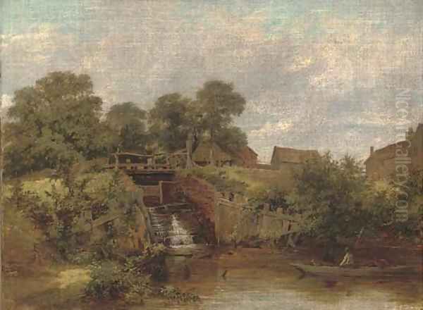 Eel catchers by the sluice, Trump's Mill, North Wales - view 1