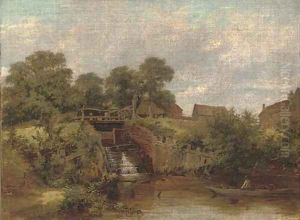 Eel catchers by the sluice, Trump's Mill, North Wales