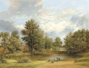 Parkland landscape with a gardener by a pond